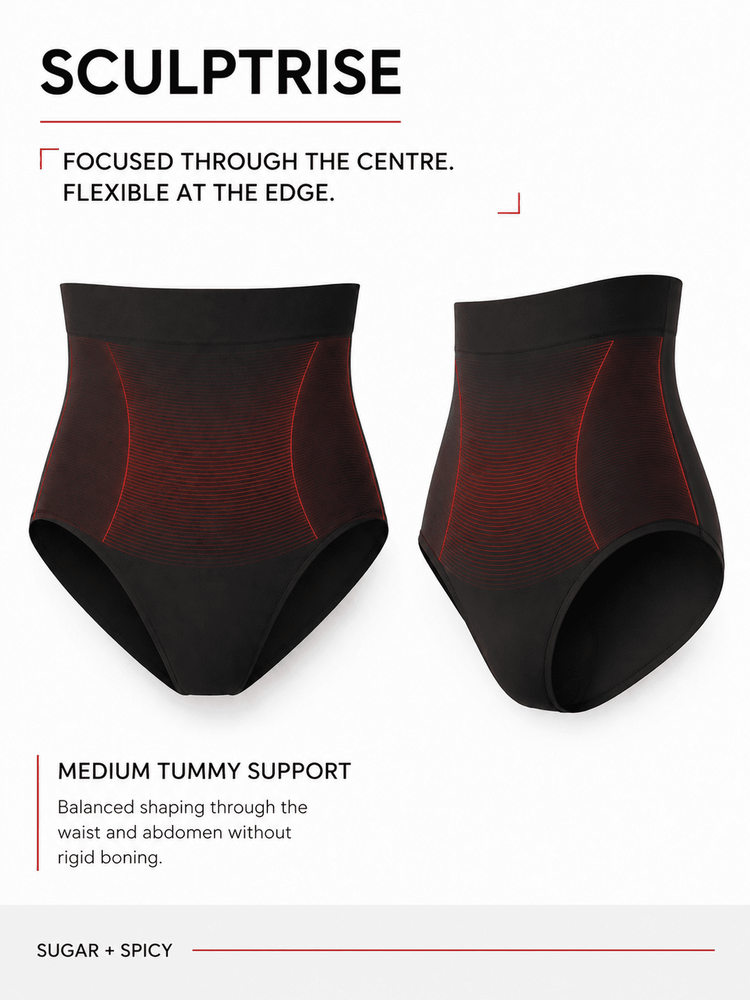 Two black high-waisted tummy control briefs with red curved stitching, shown on a white background with marketing text for 'SCULPTRISE' and 'SUGAR + SPICY'.