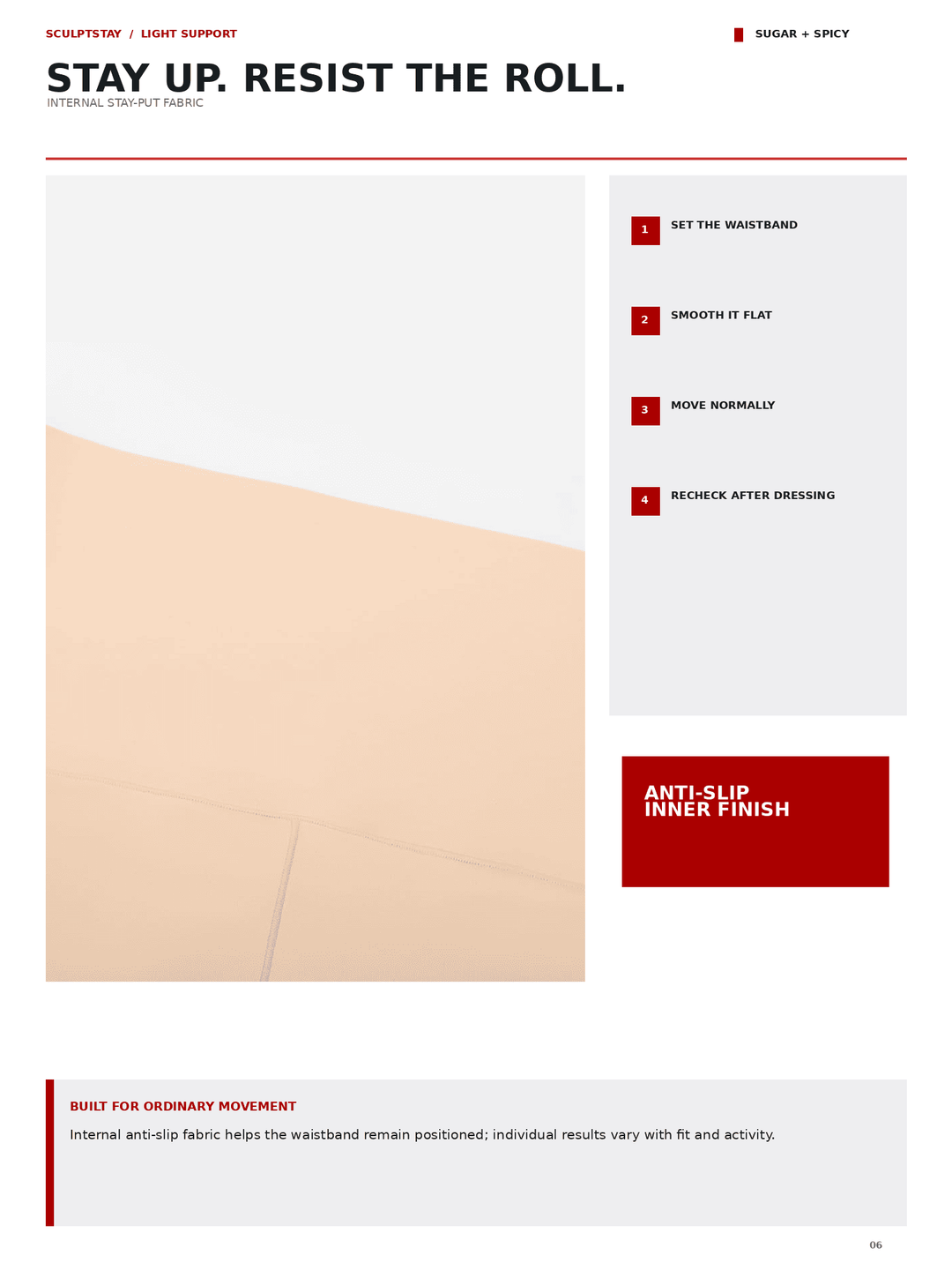 Instruction sheet for a yoga mat showing step-by-step guidance on how to roll and stretch, with a large photo of a beige yoga mat and red text boxes on a white background.