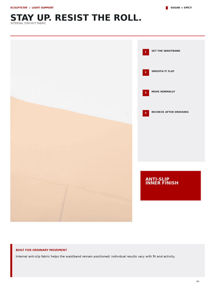 Instruction sheet for a yoga mat showing step-by-step guidance on how to roll and stretch, with a large photo of a beige yoga mat and red text boxes on a white background.