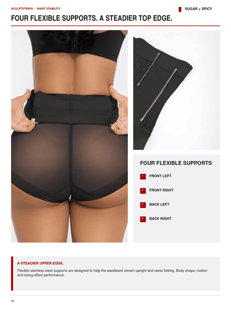 A product information page for high-waisted sheer mesh support shorts. The page features a model wearing the black shorts, a close-up of the side zipper detail, and text describing the four flexible supports and steeper upper edge.
