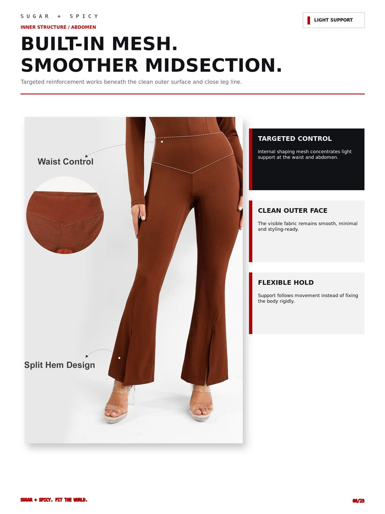 A promotional product image for Sugar + Spicy inner structural support leggings, showing a model from the waist down wearing brown flared leggings with a high waistband. The image includes text callouts for 'Waist Control' and 'Split Hem Design', a circular inset of the fabric texture, and feature callouts on the right side.