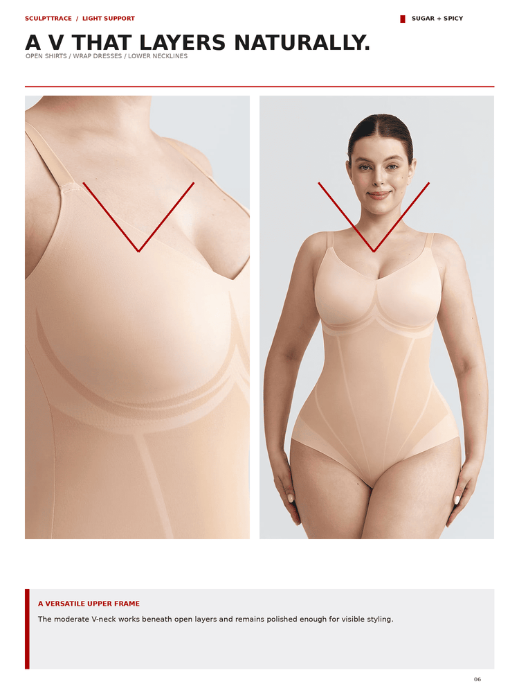 A page from a lingerie guide showing a model wearing a seamless shapewear bodysuit. The page features a close-up of the bra area with a red V-line overlay indicating support layers, alongside a full-body view of the model wearing the nude-colored shapewear bodysuit.