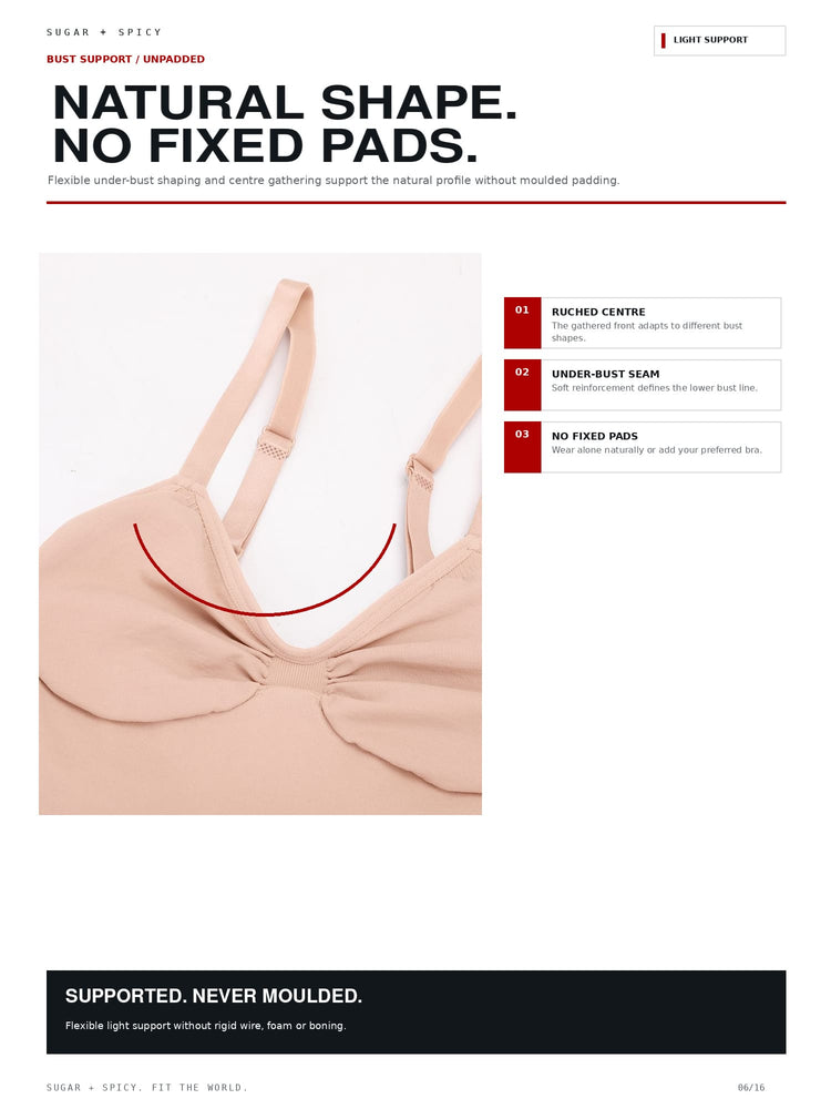 A product information graphic for Sugar + Spicy bras, featuring a beige/nude bra with a curved red line indicating the flexible underbust shaping. The graphic includes text explaining 'Natural Shape.