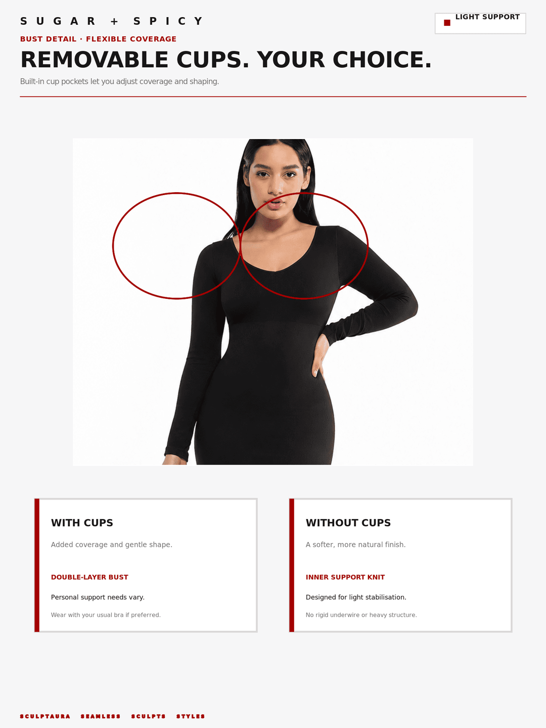 A product information graphic for a black long-sleeve scoop-neck top with removable cups. The layout shows a model wearing the top, red circles highlighting the cups, and text comparing &