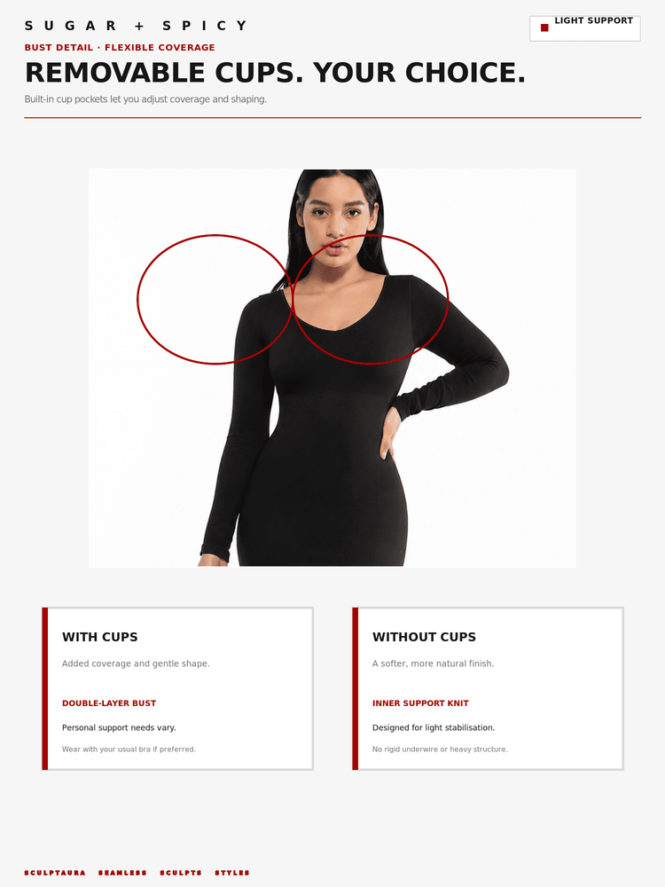 A product information graphic for a black long-sleeve scoop-neck top with removable cups. The layout shows a model wearing the top, red circles highlighting the cups, and text comparing 'WITH CUPS' and 'WITHOUT CUPS' features.