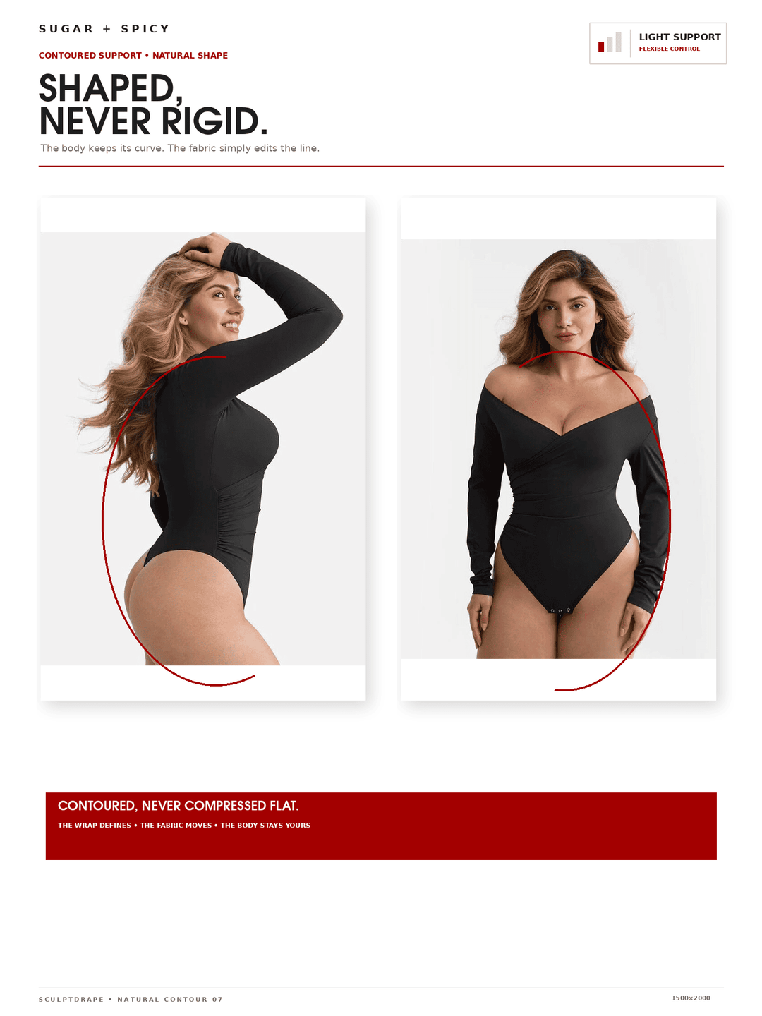A product information page for Sugar + Spicy Contoured Never Rigid in Light Support, showing two side-by-side photos of a model wearing the black long-sleeve bodysuit against a white background with red graphic callouts.