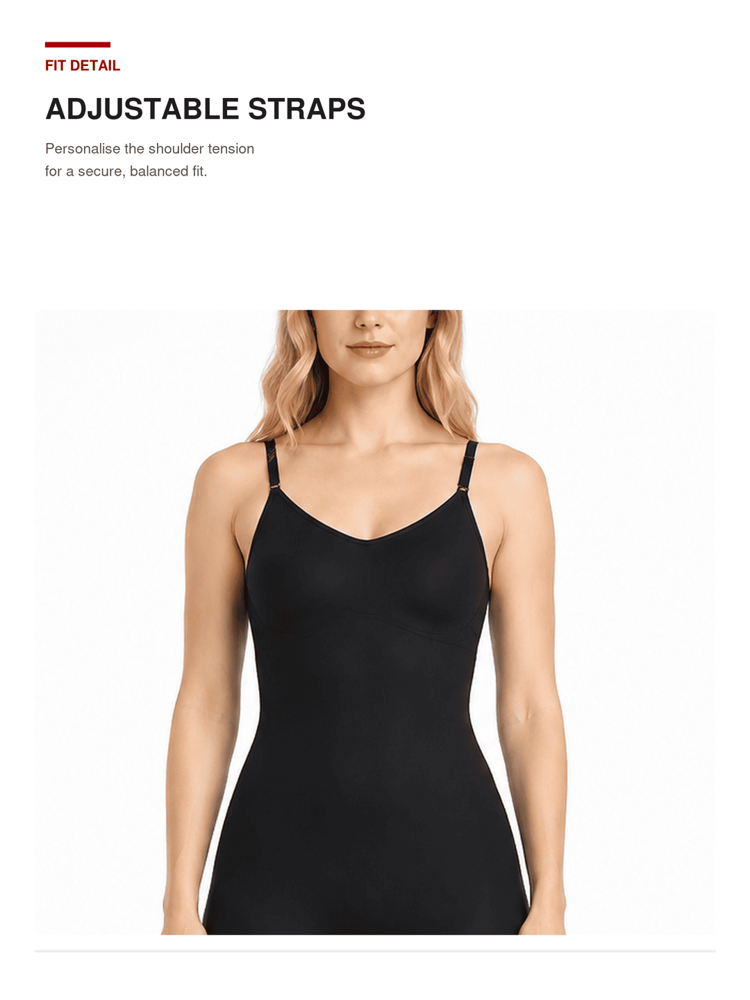 A woman wearing a black camisole-style tank top with adjustable shoulder straps, shown on a white background with text reading &