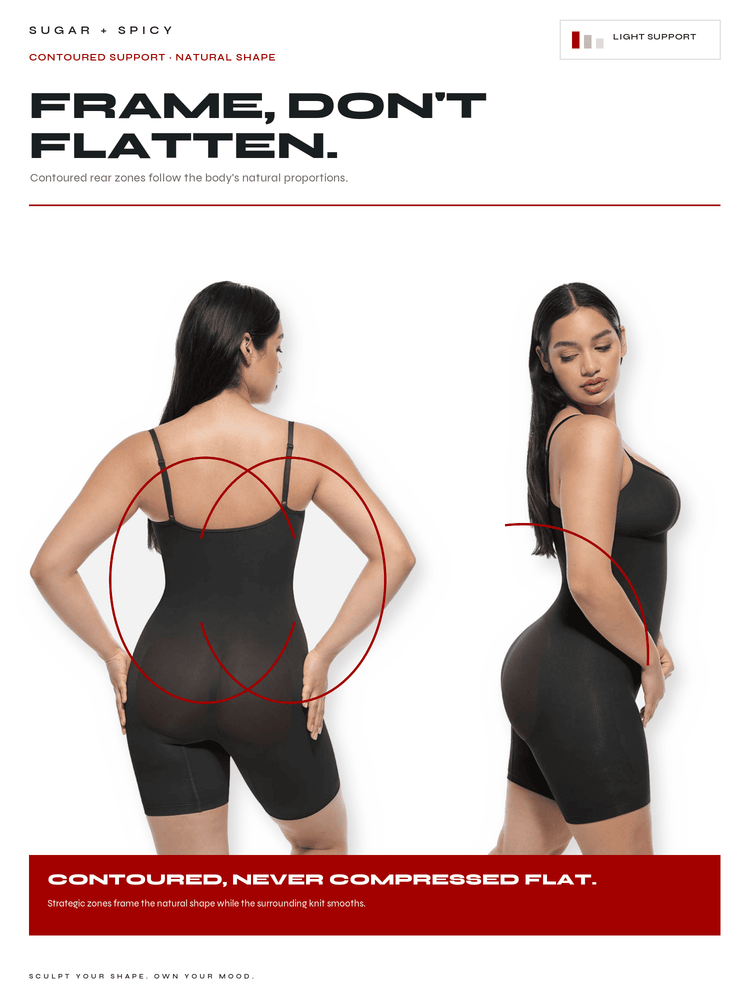A promotional graphic showing a woman modeling a black contoured shapewear bodysuit from the back and side on a white background, with red circles highlighting the body contour and text reading 'FRAME, DON'T FLATTEN.'.