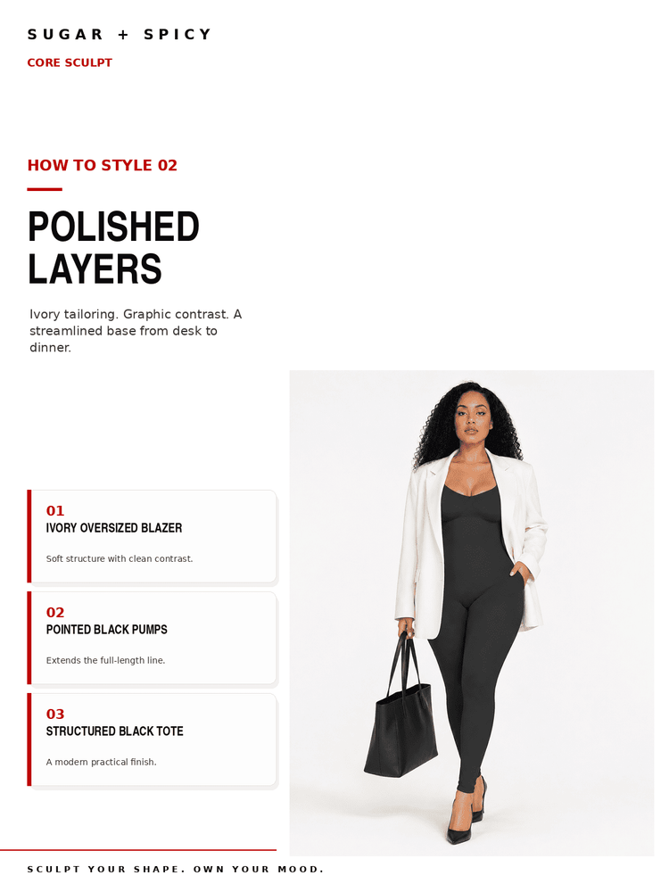 A fashion styling guide page titled 'HOW TO STYLE 02 POLISHED LAYERS' from Sugar + Spicy. It features a model on the right wearing an ivory blazer, black jumpsuit, and carrying a black tote bag, with three styled outfit options listed on the left.