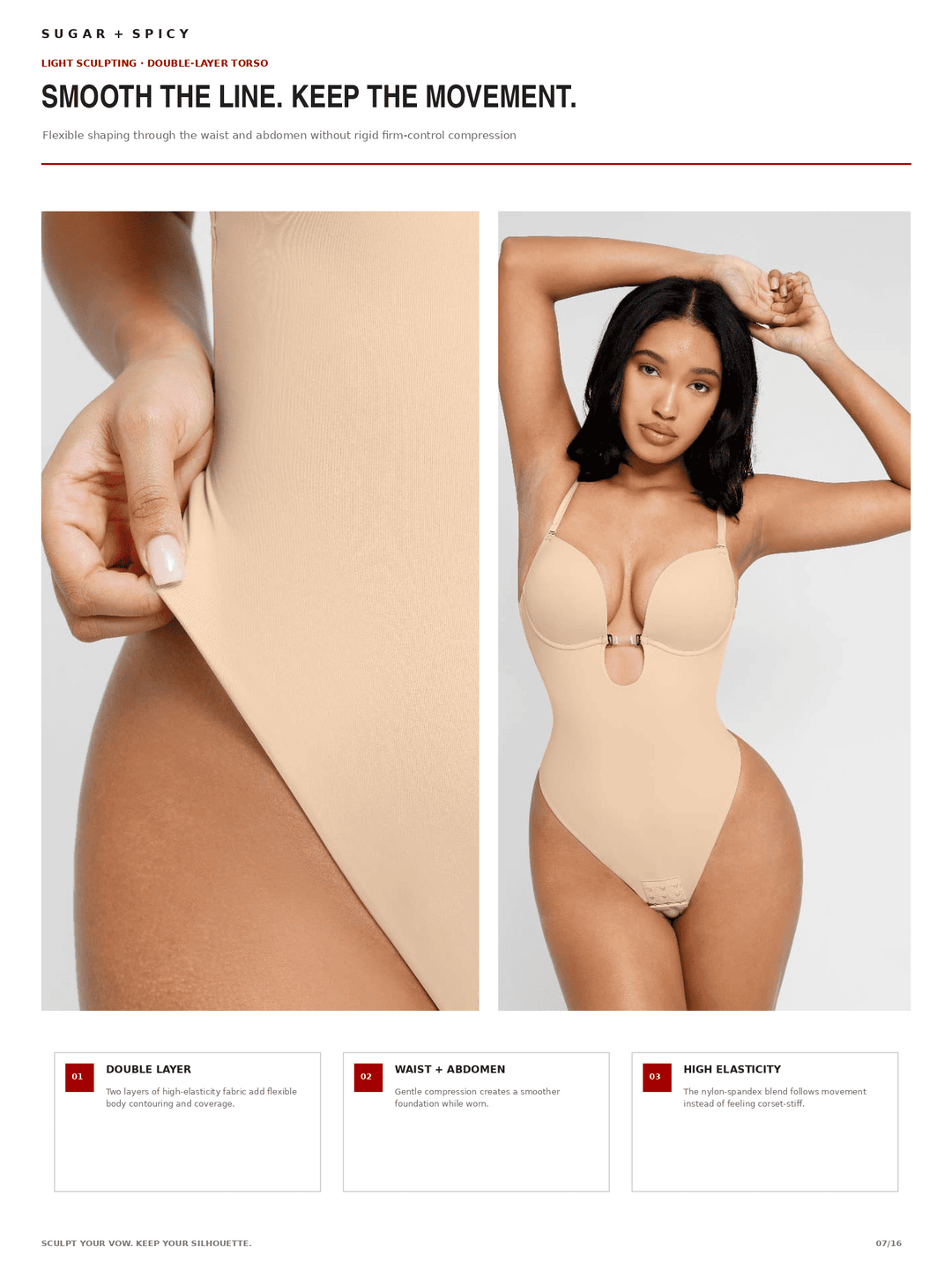 A model wears a light beige double-layered bodysuit against a light gray studio background, with a large close-up inset of the fabric being pulled by a hand. Text at the top reads &
