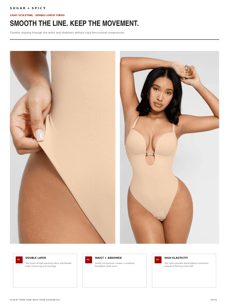 A model wears a light beige double-layered bodysuit against a light gray studio background, with a large close-up inset of the fabric being pulled by a hand. Text at the top reads 'SUGAR + SPICY' and 'SMOOTH THE LINE.