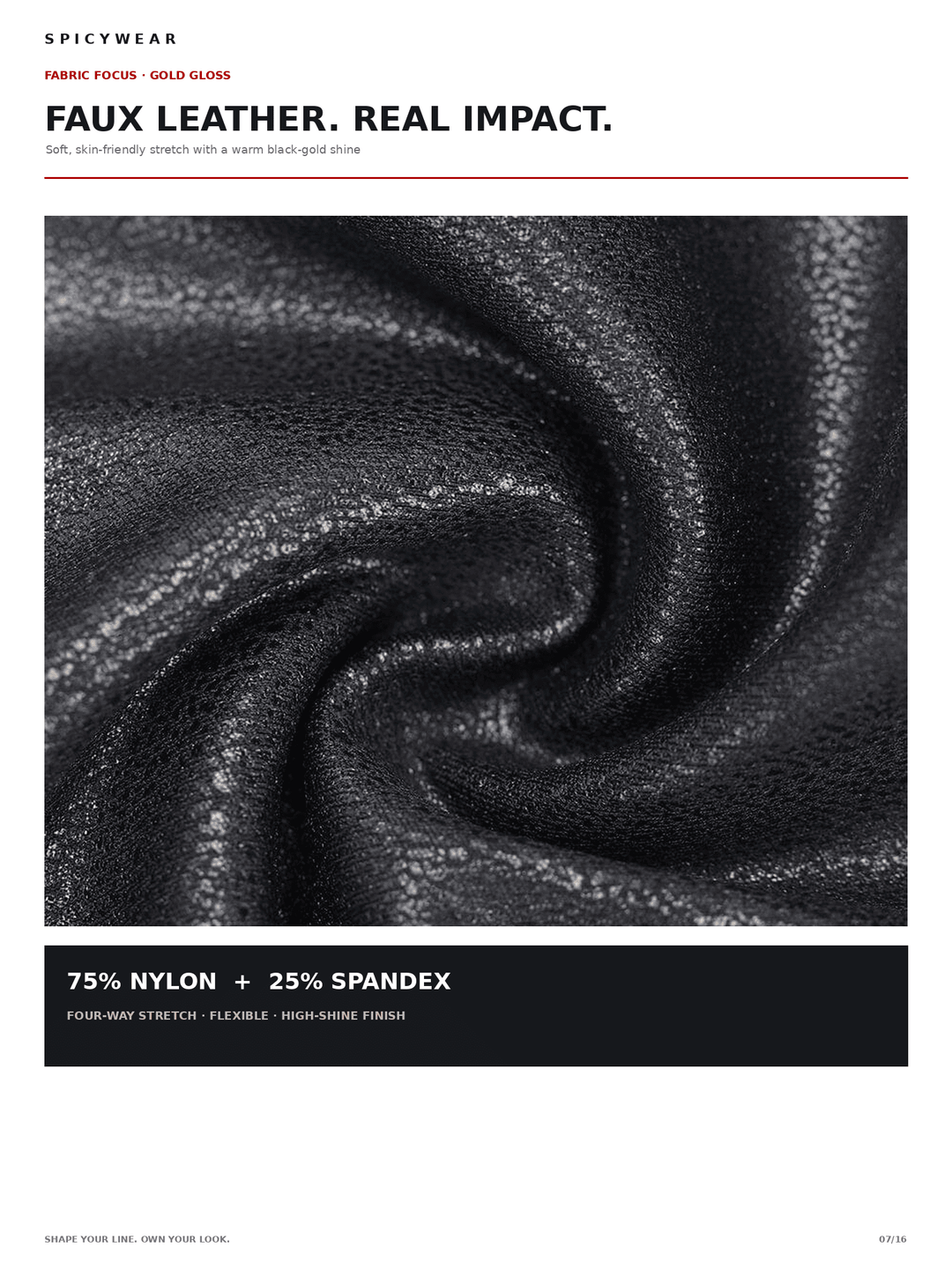 A product catalog page for Spicywear faux leather fabric, featuring a large textured black swirled sample on a white page with text detailing its 75% nylon and 25% spandex composition.