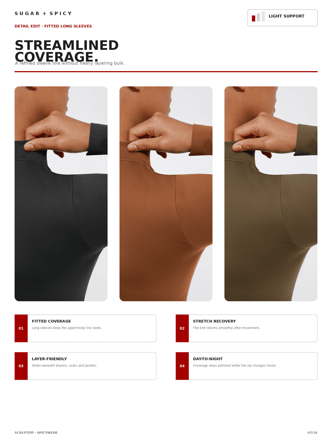 A catalog page showing three fitted long sleeves in different colors: black, tan, and olive green. Each sleeve is worn by a cropped model hand, with text callouts below reading &