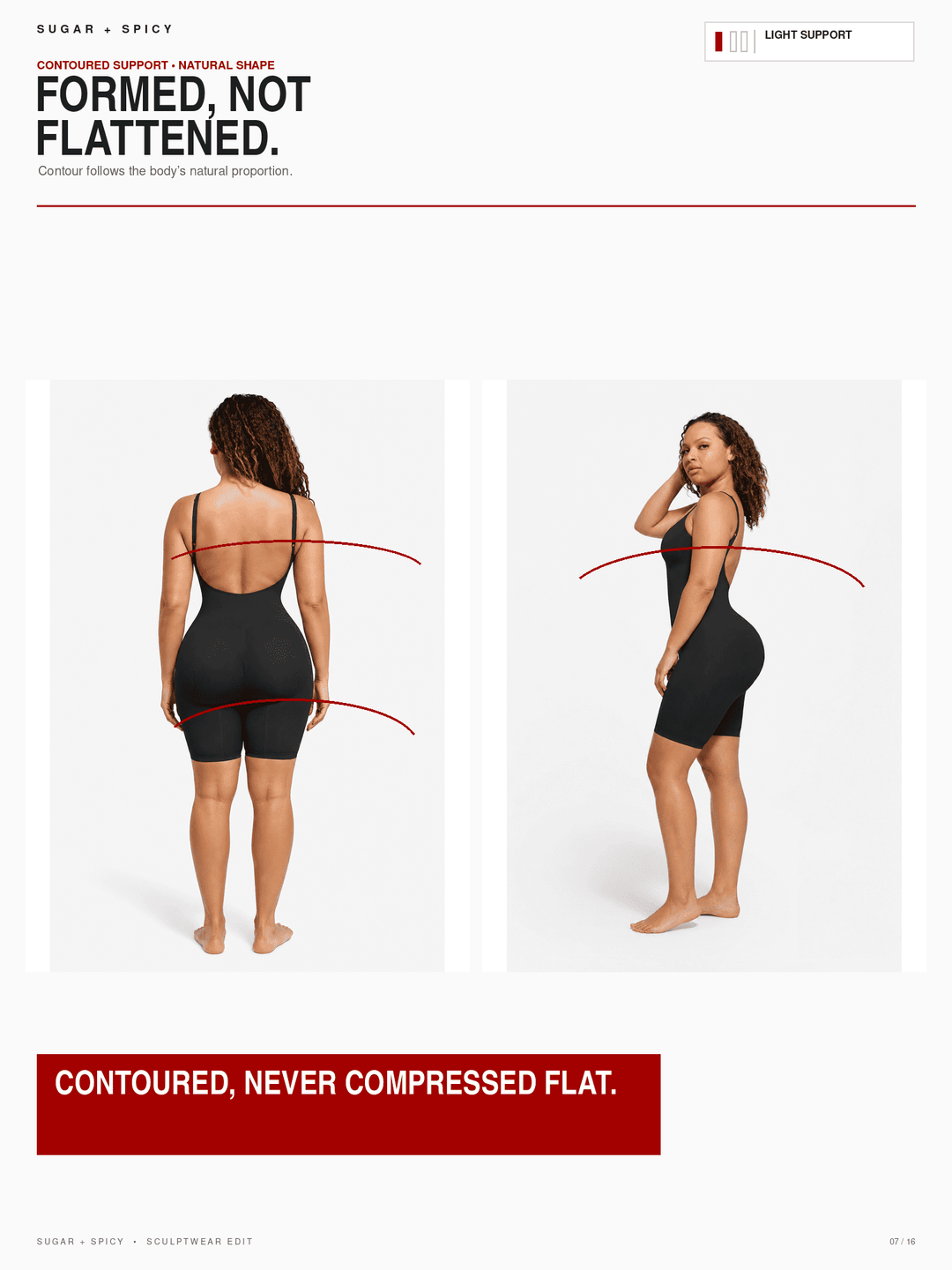 A promotional comparison graphic for a contoured bodysuit. The left panel shows a woman from the back wearing a black contoured support bodysuit with red curved lines indicating shape retention.
