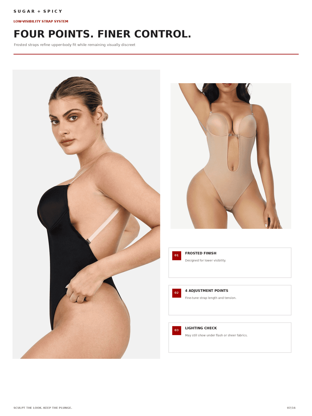 A catalog page showing a low-visibility strap system in two colorways: a black version with white straps on the left, and a nude beige version on the right. The page includes marketing text and three feature callouts on the right.