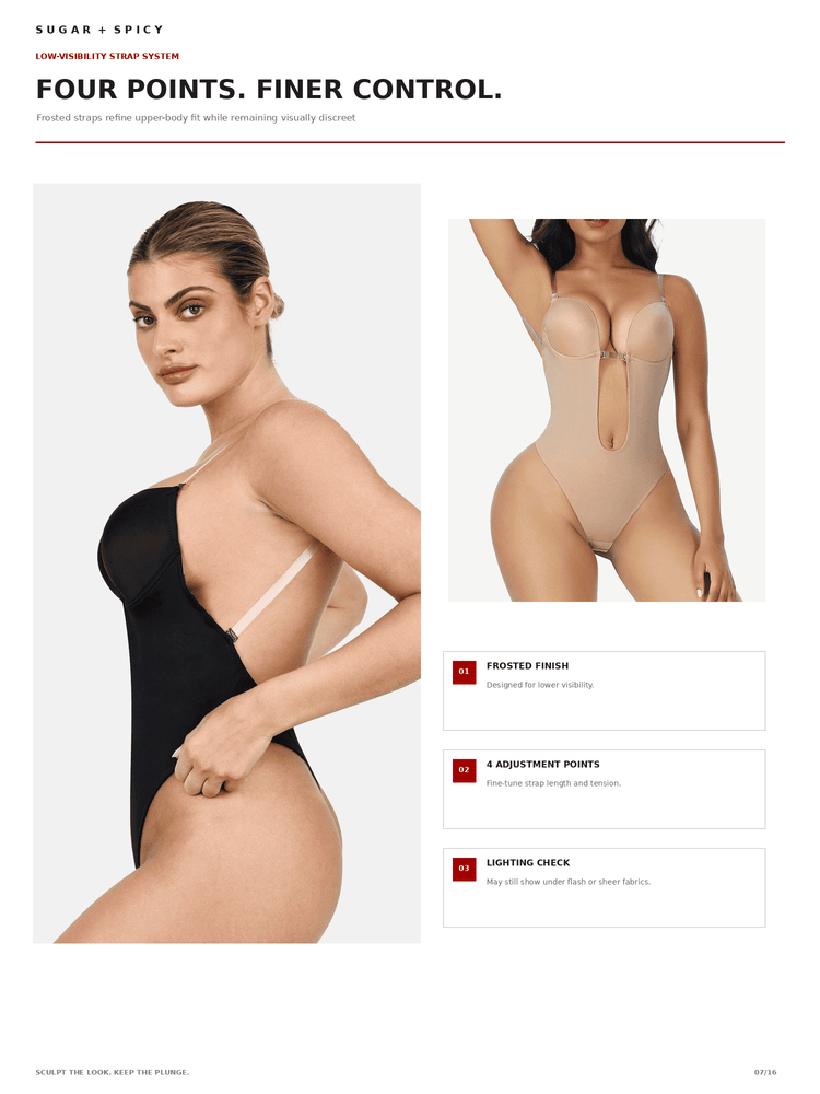A catalog page showing a low-visibility strap system in two colorways: a black version with white straps on the left, and a nude beige version on the right. The page includes marketing text and three feature callouts on the right.
