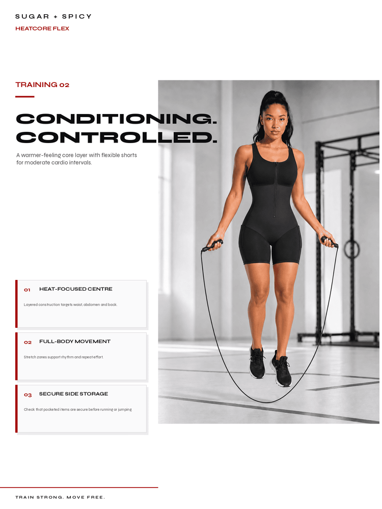 A promotional fitness catalog page for a black athletic compression garment. The page features a model wearing the black full-body garment while jumping rope in a gym setting, alongside text describing the product as 'Conditioning.
