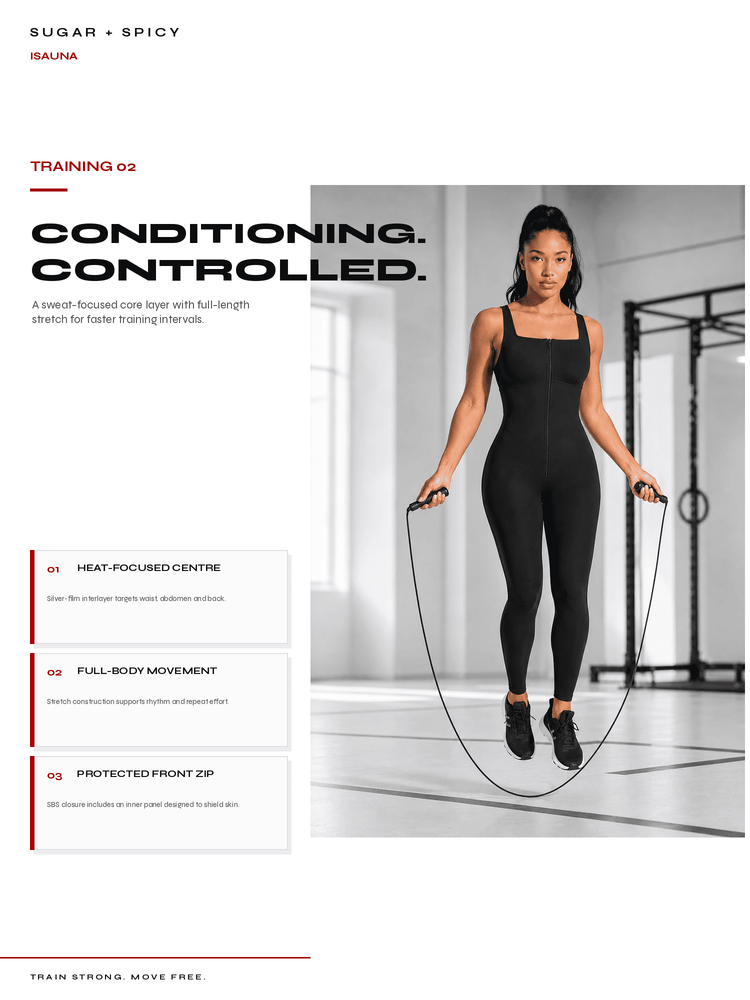 A promotional fitness graphic for a sleeveless core-focused one-piece top and leggings set. The layout features a model in a black bodysuit jumping rope in a gym setting on the right, with text and feature callouts on the left reading 'CONDITIONING.