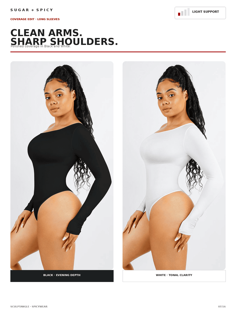 A catalog page showing two side-by-side views of a woman modeling long-sleeve bodysuits. The left bodysuit is black and labeled 'BLACK - EVENING DEPTH,' and the right bodysuit is white and labeled 'WHITE - TOTAL CLARITY.