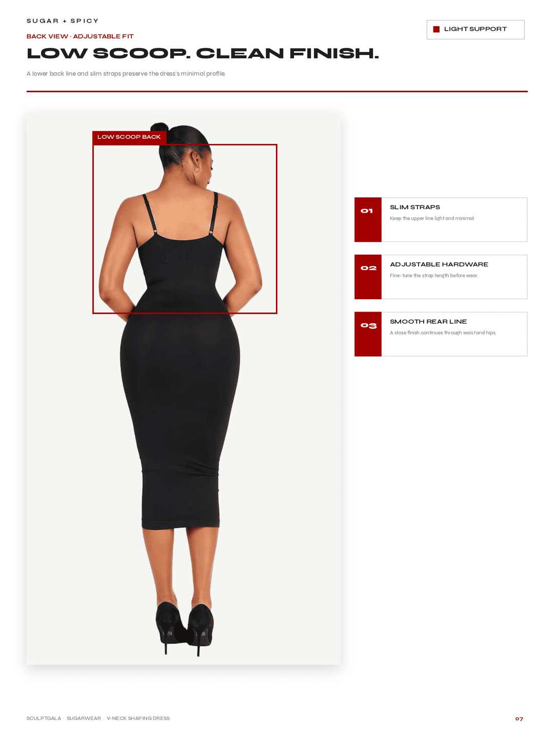A model shown from the back wearing a black spaghetti-strap bodycon dress with a low scoop neckline, presented on a white page with feature callouts and text.