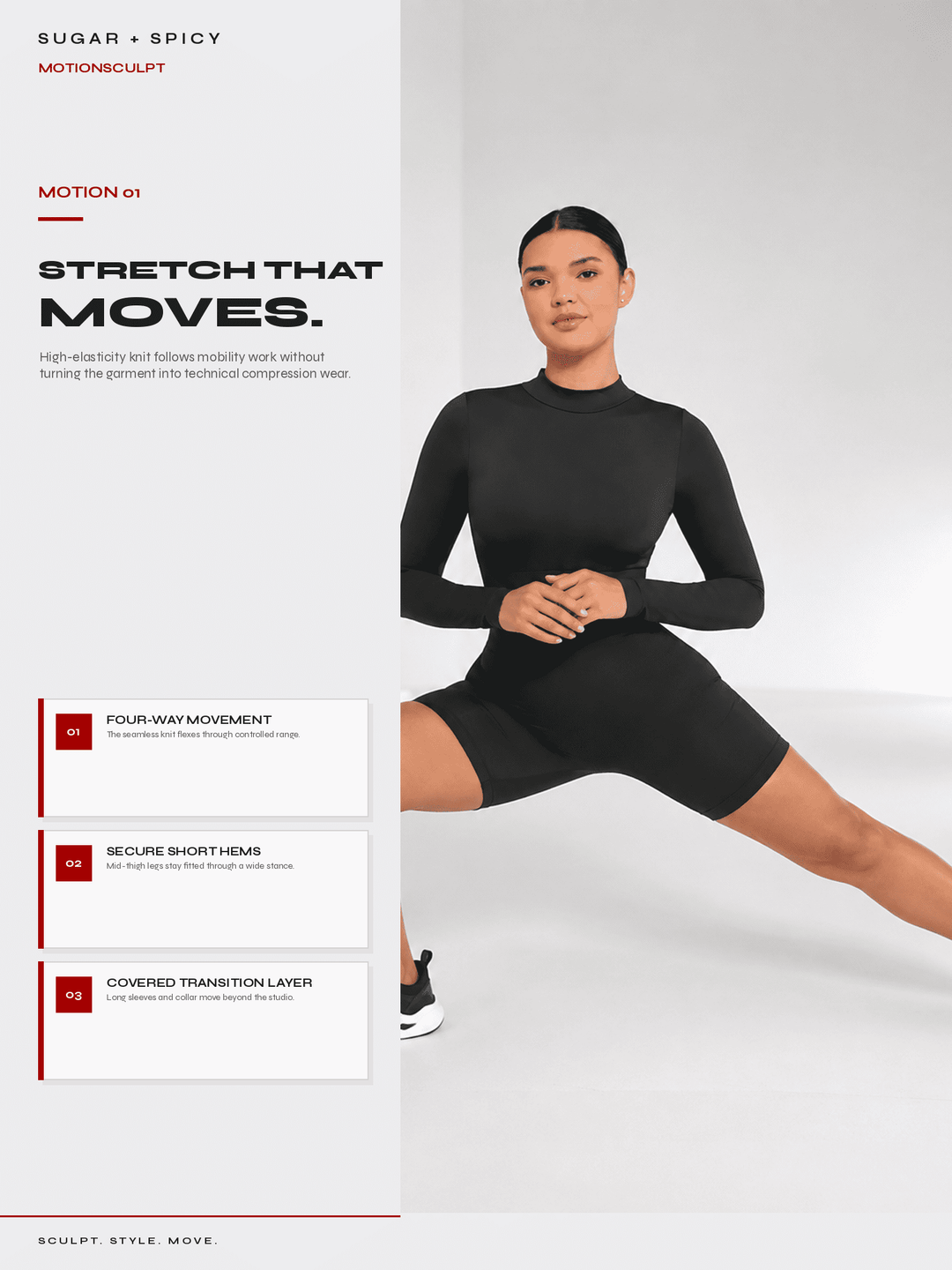A model wearing a black long-sleeve athletic top and matching black fitted shorts poses in a side lunge against a light gray studio background. The left side of the image contains promotional text and three white feature boxes with red accents.