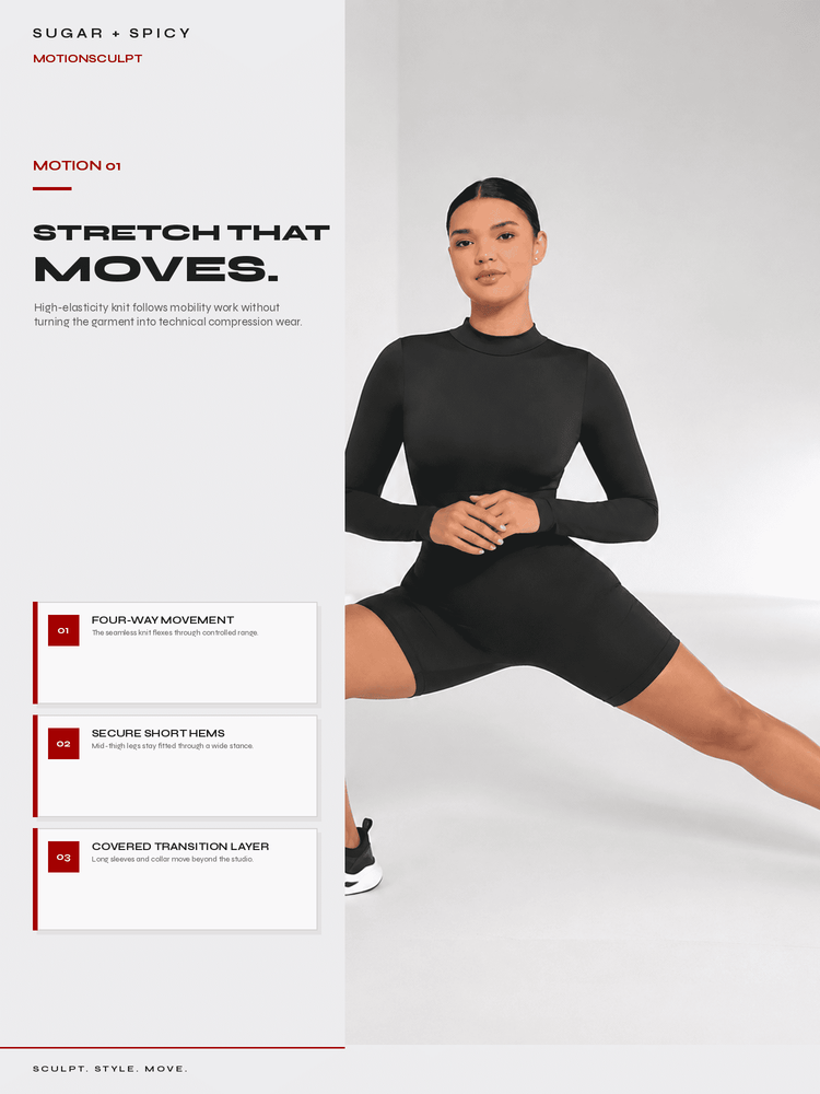 A model wearing a black long-sleeve athletic top and matching black fitted shorts poses in a side lunge against a light gray studio background. The left side of the image contains promotional text and three white feature boxes with red accents.