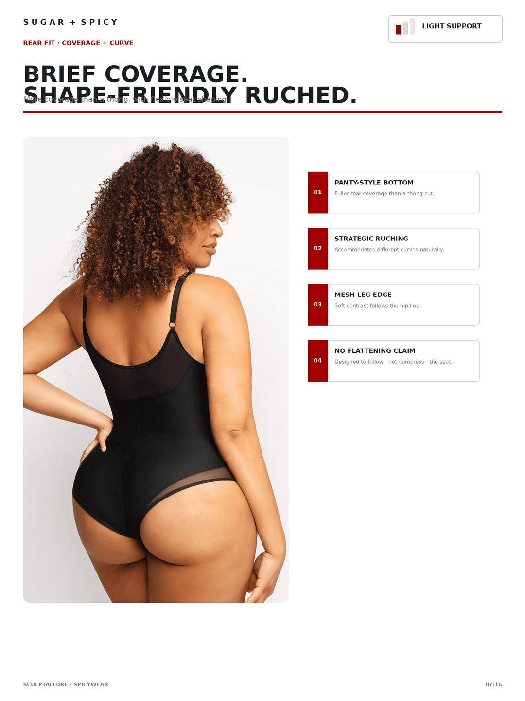 A catalog page for Sugar + Spicy shapewear featuring a model wearing a black ruched brief-coverage shapewear bodysuit. The page includes marketing text, feature callouts, and a clean white background.