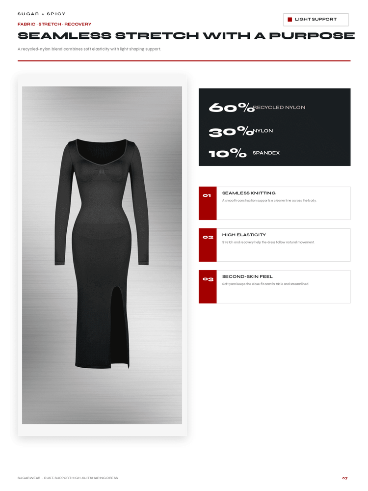 A product information page for a black long-sleeve fitted dress, showing a side-length slit and fabric recovery claims. The page includes text about 60% recycled nylon, 30% nylon, and 10% spandex, plus feature callouts on the right.