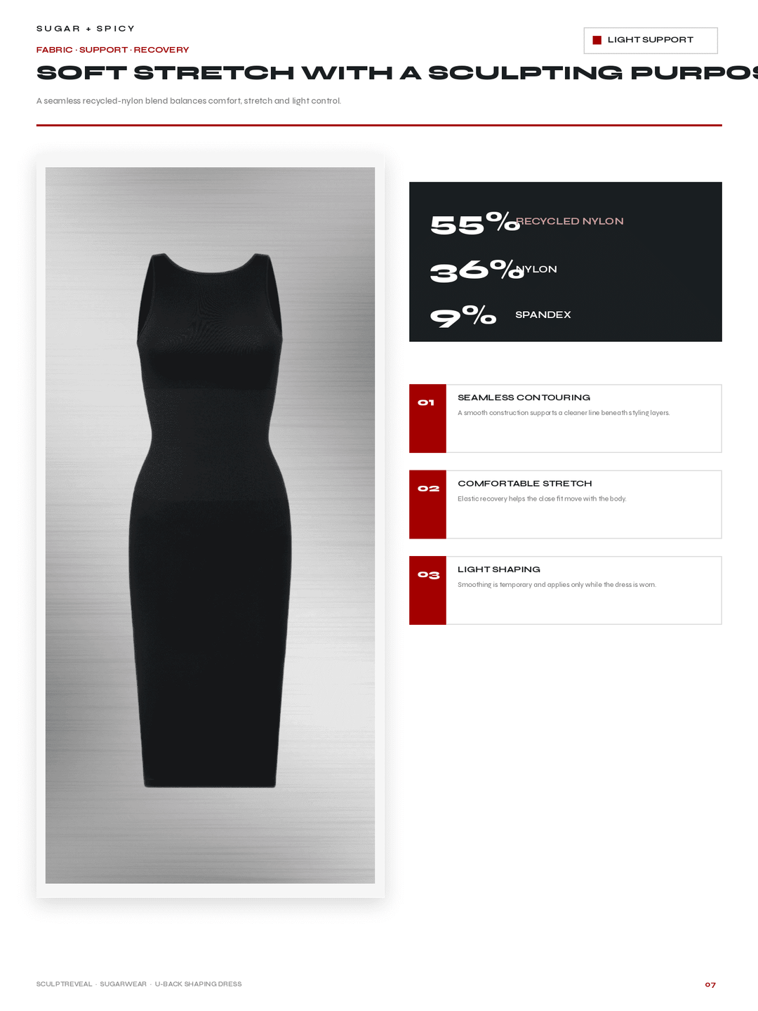 A product information page for a black scoop-neck knit garment, showing a front view of the garment on a metallic gray background next to text describing fabric composition (55% recycled nylon, 36% nylon, 9% spandex) and stretch properties.