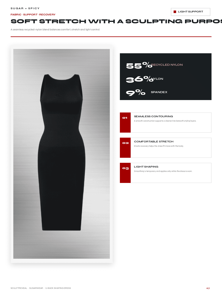 A product information page for a black scoop-neck knit garment, showing a front view of the garment on a metallic gray background next to text describing fabric composition (55% recycled nylon, 36% nylon, 9% spandex) and stretch properties.