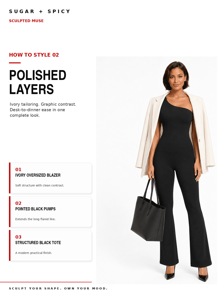 A fashion styling guide page titled 'How to Style 02: Polished Layers' showing a woman modeling a black jumpsuit, ivory blazer, and black tote bag against a white background, with text and layered styling tips on the left.