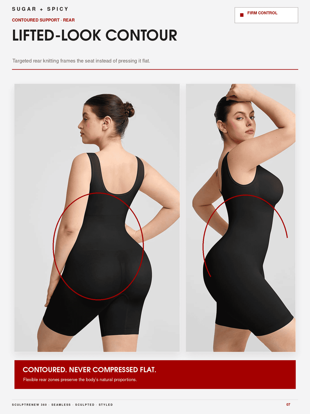 A catalog page showing a model from the back wearing a black contoured shapewear brief, with two side-by-side views demonstrating the lifted-look contour effect. The page includes text overlays describing the product features and benefits.