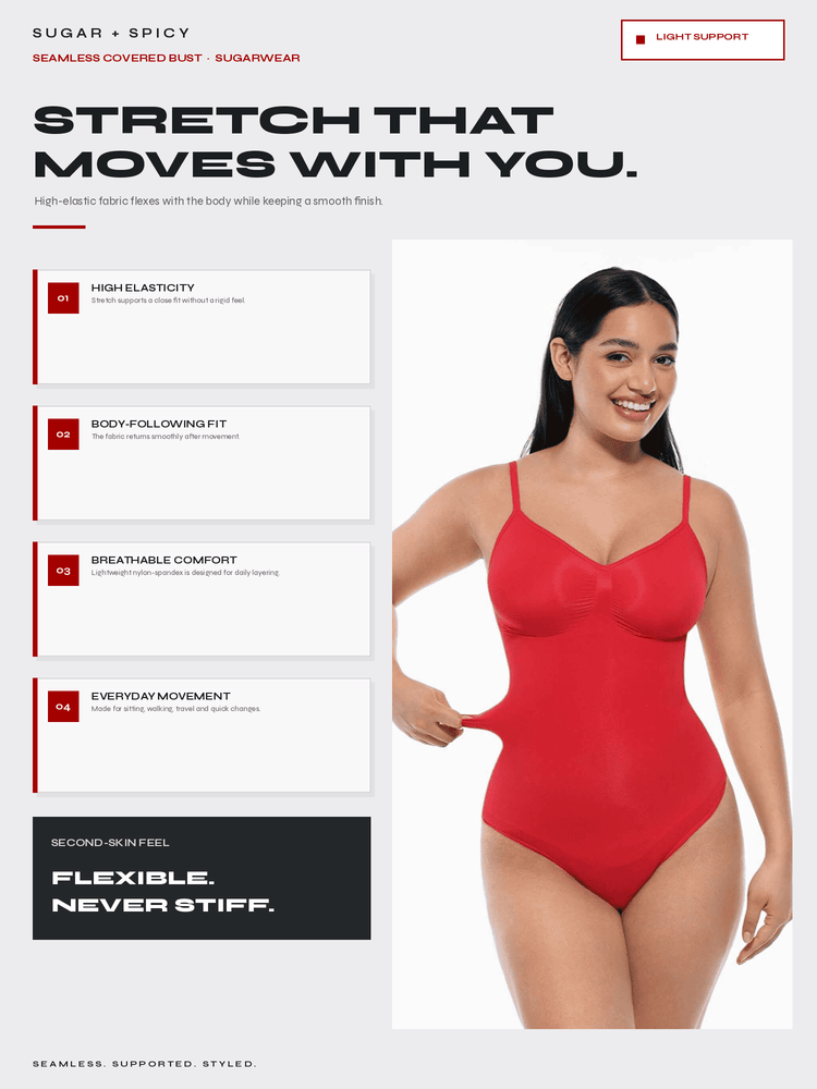 A promotional graphic for a red seamless one-piece swimsuit worn by a model. The layout includes text callouts highlighting features like high elasticity, body-following fit, breathable comfort, and everyday movement, with the tagline 'Stretch that moves with you.