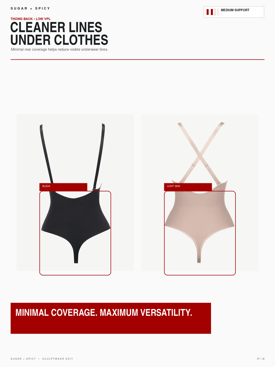 A catalog-style comparison graphic showing two views of a minimal coverage shapewear bodysuit: a black version on the left and a light beige/nude version on the right. The image includes marketing text such as &