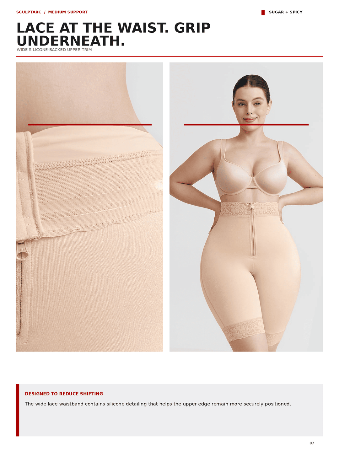 A model wearing a beige wide-lace underwire bra and matching high-waisted shapewear panty is shown on a light gray page with product text and close-up inset views of the lace and waistband.