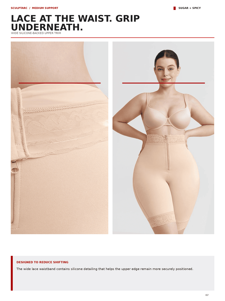 A model wearing a beige wide-lace underwire bra and matching high-waisted shapewear panty is shown on a light gray page with product text and close-up inset views of the lace and waistband.