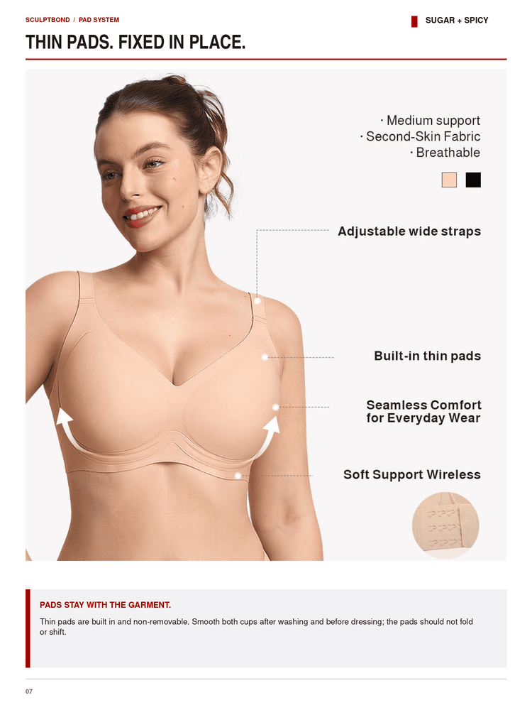 A woman wearing a wireless seamless underwire bra with built-in thin pads, shown on a white background with text callouts describing the product features.