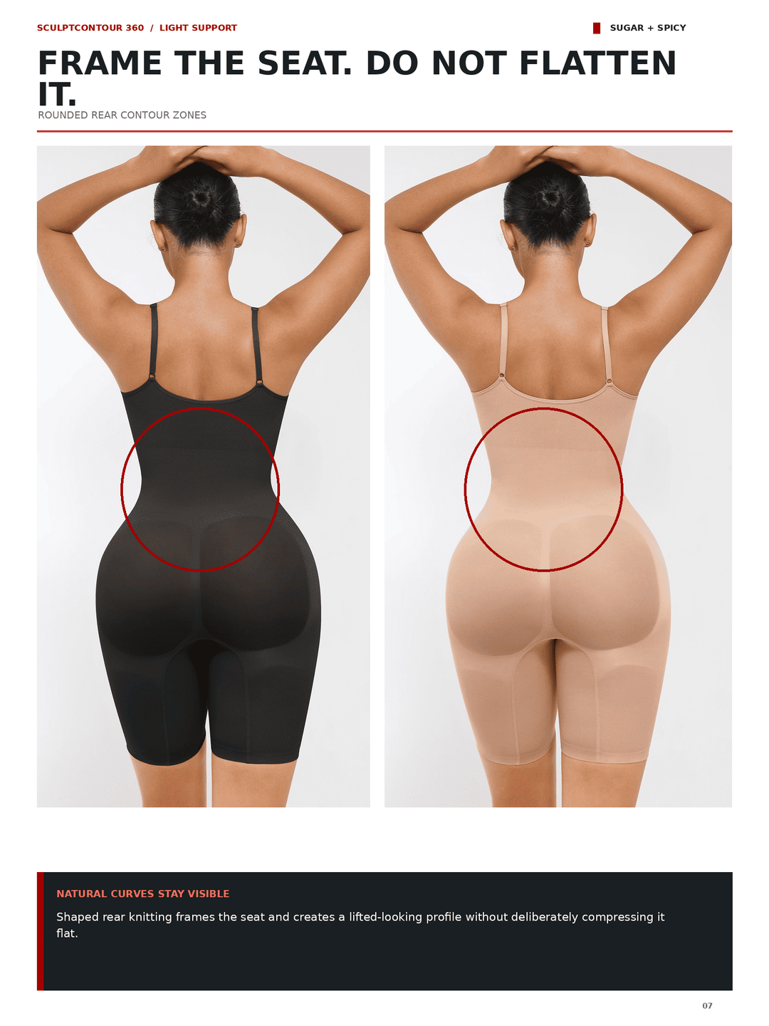 A comparison graphic showing two women from the back wearing shapewear briefs. The left model wears black shapewear, and the right model wears beige shapewear.