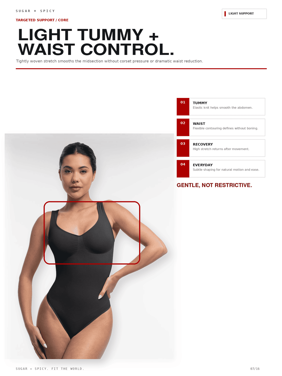 A model wears a black light-tummy bodysuit against a white background, with a red outlined box highlighting the midsection. The page includes marketing text for &