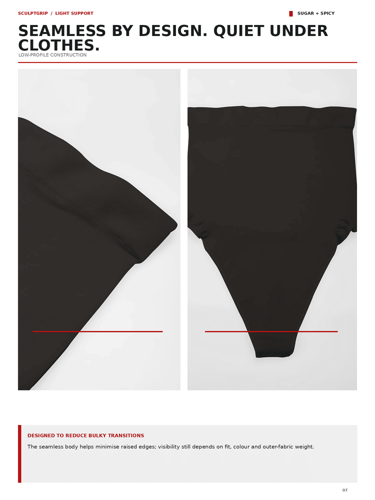 A product information page showing a black seamless undergarment from two angles on a white background, with text describing the design and fit. The garment appears to be a high-waisted brief or shapewear bottom.