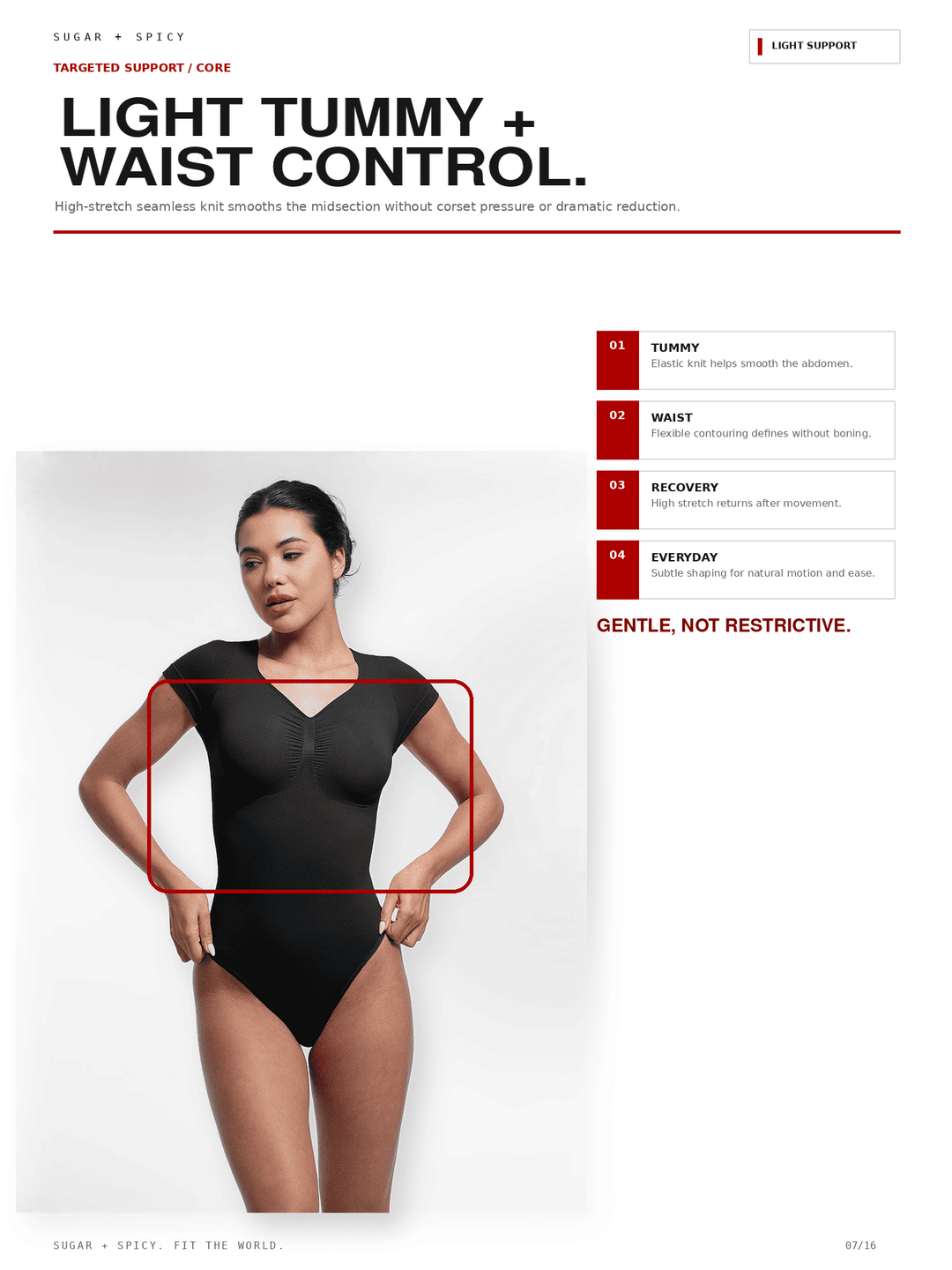 A model wears a black light-tummy waist-control bodysuit against a white background, with a red outlined box highlighting the torso area. The page includes marketing text and feature callouts for tummy control, waist shaping, recovery, and everyday support.