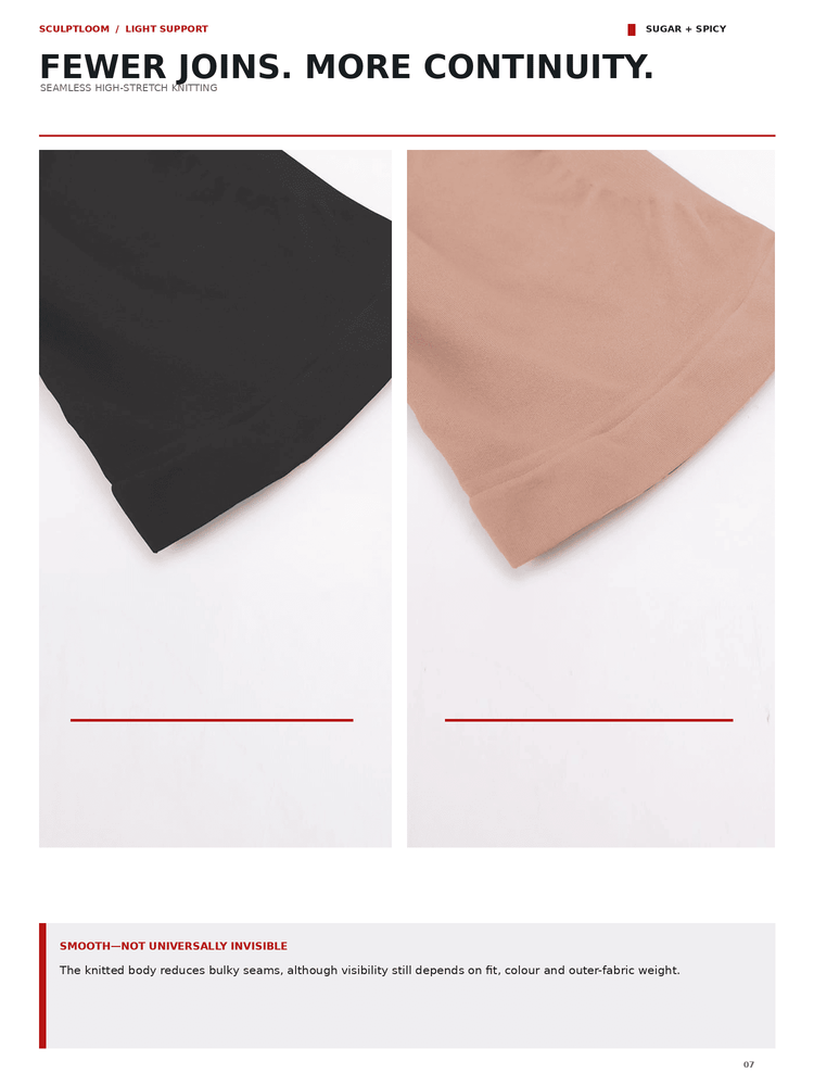 A product comparison page showing two close-up fabric swatches on a white background: a black swatch on the left and a light beige/tan swatch on the right. Text at the top reads 'FEWER JOINS.