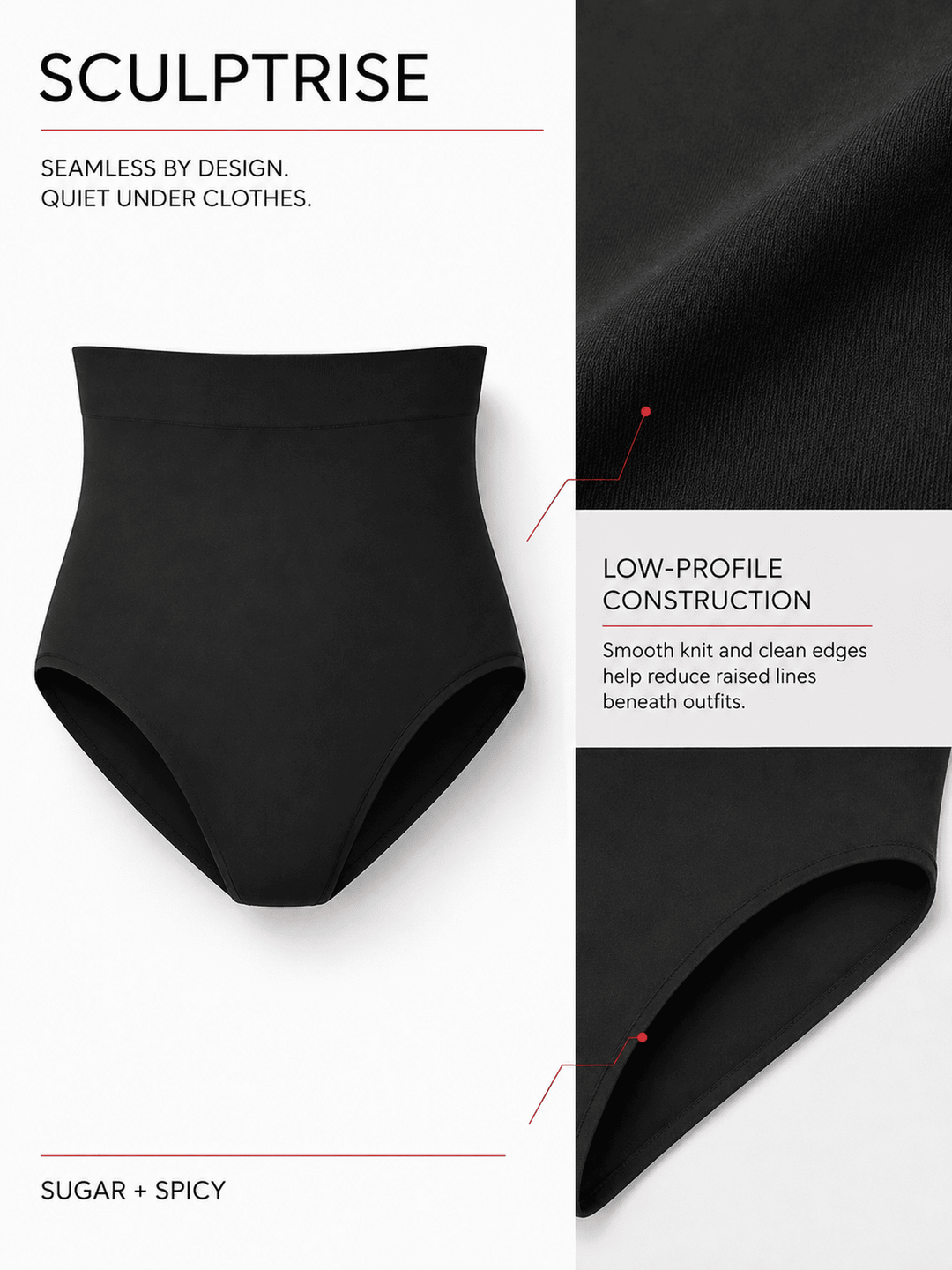 Black high-waisted seamless underwear shown on a white background with product text and close-up fabric detail panels. The brand name SCULPTRISE appears at the top, and the variant is labeled SUGAR + SPICY.