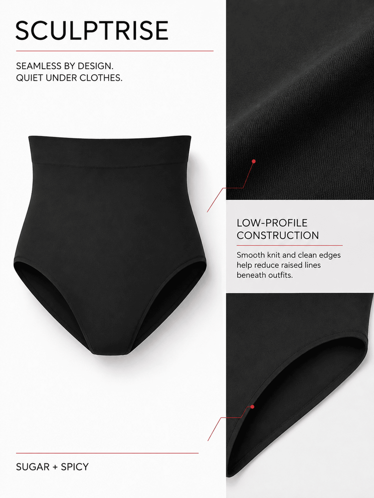 Black high-waisted seamless underwear shown on a white background with product text and close-up fabric detail panels. The brand name SCULPTRISE appears at the top, and the variant is labeled SUGAR + SPICY.