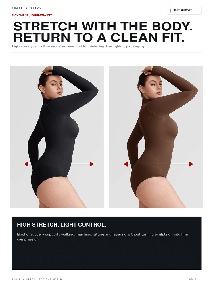 A promotional infographic for SculptSkin showing two side-by-side models wearing the brand's high-stretch, light-control bodysuits in black and brown, with red arrows indicating the stretch effect. The image includes marketing text and brand logos at the top and bottom.