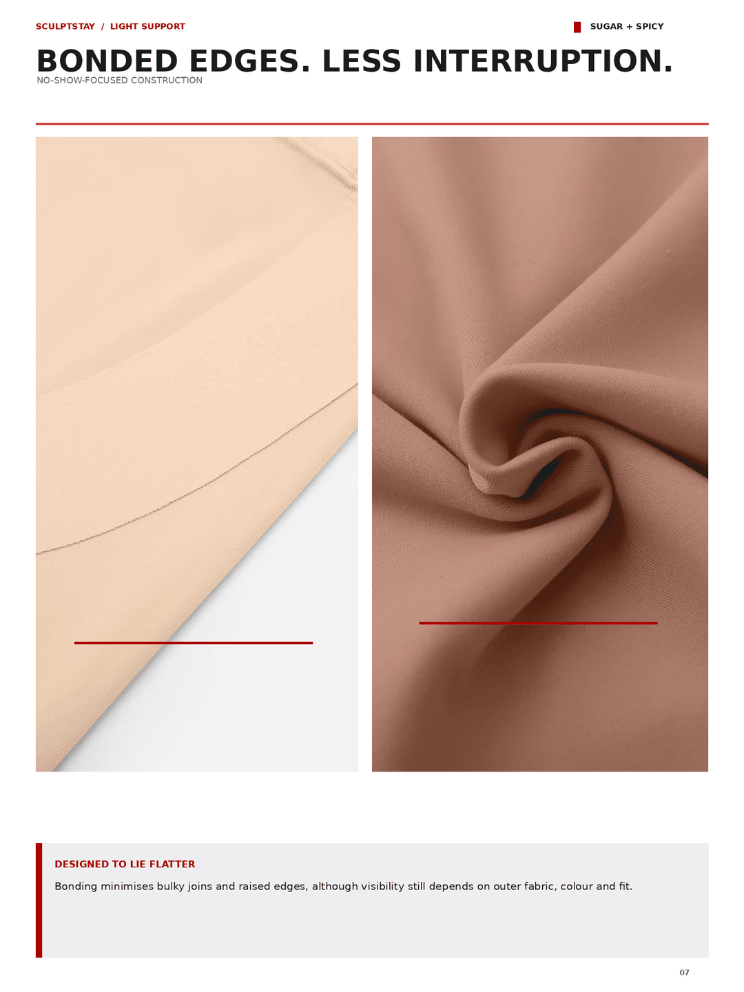 A fabric product page showing two close-up panels of smooth woven fabric. The left panel shows a light beige fabric folded over a white surface, and the right panel shows a warm taupe-brown fabric gathered in folds.
