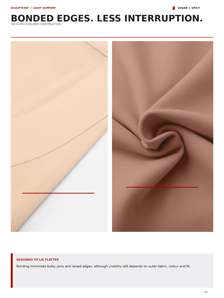 A fabric product page showing two close-up panels of smooth woven fabric. The left panel shows a light beige fabric folded over a white surface, and the right panel shows a warm taupe-brown fabric gathered in folds.