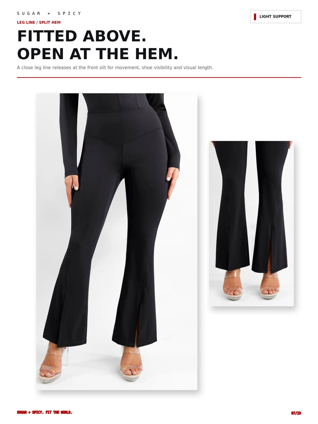 Black flared leggings with a split leg and side slit, shown on a model from the waist down in a studio catalog layout with text describing the fit.