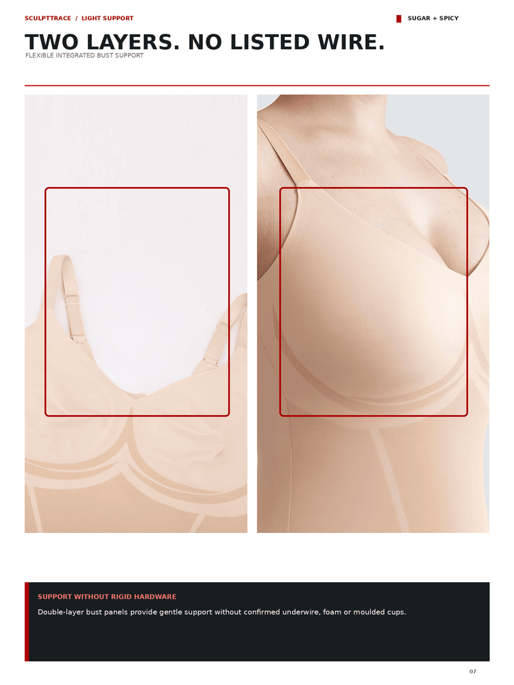 A catalog page for Sugar + Spicy double-layer bust support bra in the 'Sage + Spicy' scent, showing two views of the beige/nude bra on a mannequin torso. The left view highlights the underband, and the right view highlights the upper cup and seamless design.