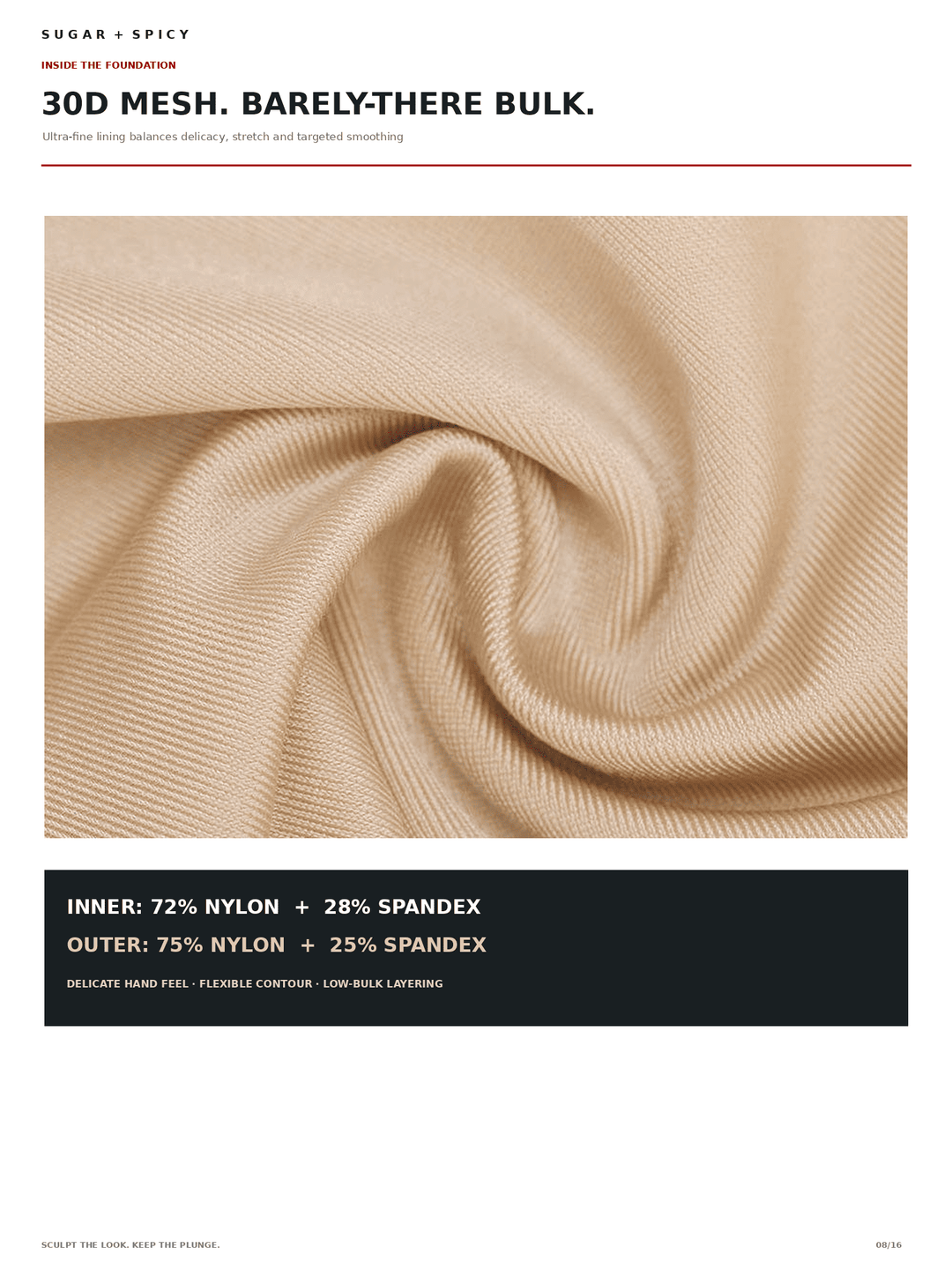 A fabric swatch showing a beige 3D mesh material with a subtle ribbed texture, presented on a white background with descriptive text.